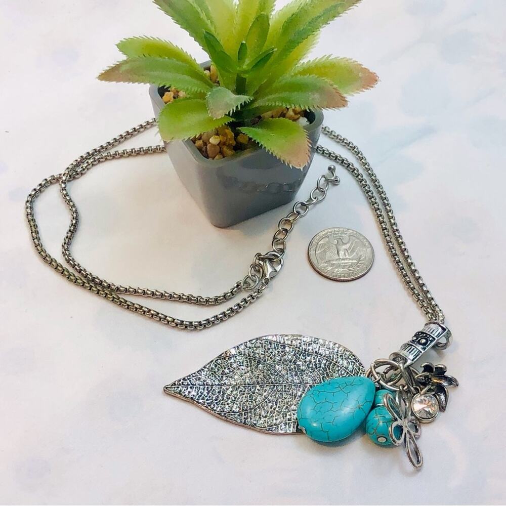 Trendy Long Necklace Faux Silver Turquoise Charms - Picture 8 of 16